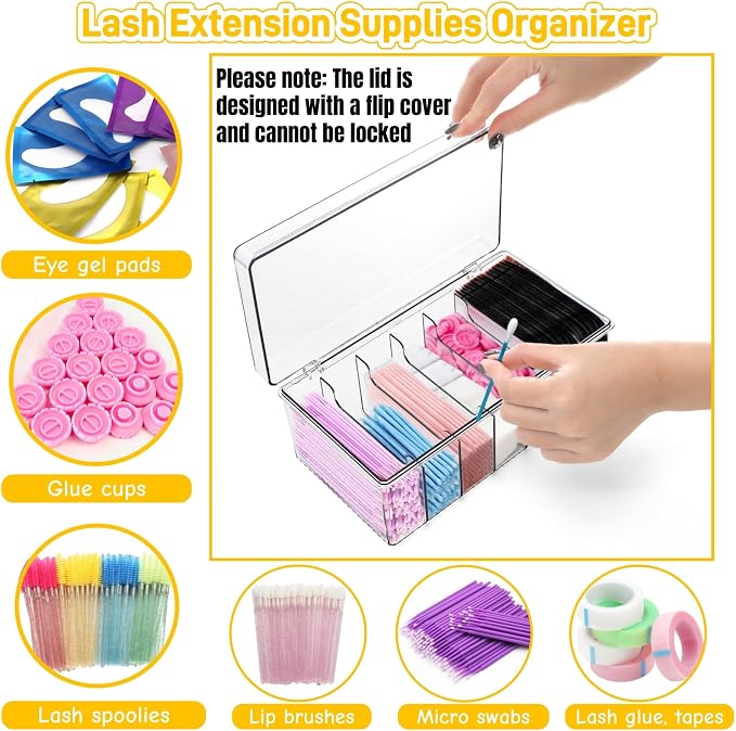 2 Pack Lash Extension Organizer with 6 Compartments, Flip-top | Clear Small Eyelash Cart Storage Boxes, Separated Large Capacity Eyelash Extension Supplies Storage Container for Lash Techs