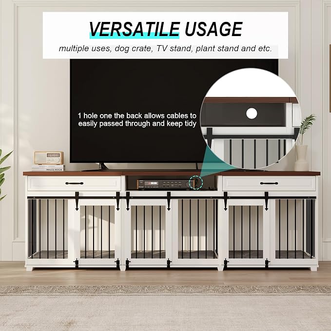 Dog Crate Furniture - Indoor Wooden Dog Furniture Crate Kennel with 3 Sliding Barn Doors, 2 Drawers & 1 Shelf - 95" Lx23.6 Wx31.5 H, White