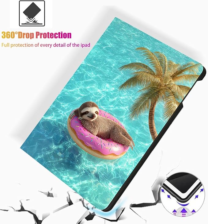 for Microsoft Surface Pro 11/10/9-13" 2024/2022 Tablet Case,Auto Wake/Sleep,Adjustable Stand Protective Cover - Cute Sloth Donut Pool