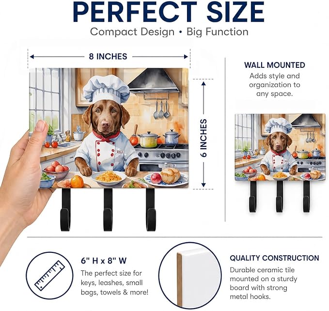 Caroline's Treasures Chesapeake Bay Retriever The Chef Leash or Key Holder Wall Hooks, Key Hooks Holder, Coat Rack Wall Mount, Coat Hooks, Hooks for Hanging Keys, Towels, Aprons, Leashes | Chesapeake Bay Retriever The Chef artwork on ceramic tile with ...