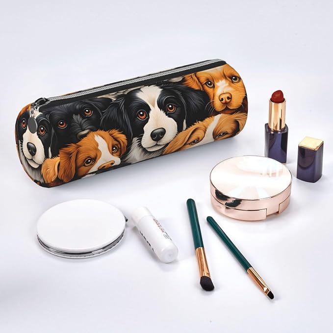 OSAM SPACE Leather Pencil Case Round Pencil Bag Cute Dogs Pen Organizer Holder Portable Zipper Pouch Cute School Supplies for Girls Boys Study Office