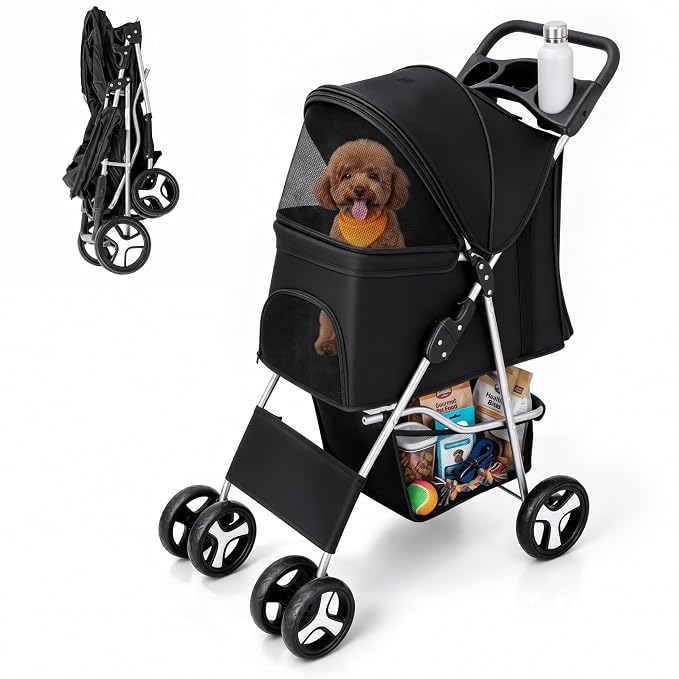 ZENY Foldable Pet Stroller, Cat/Dog Stroller with 4 Wheels | Pet Travel Carrier Strolling Cart with Storage Basket, Cup Holder, Black