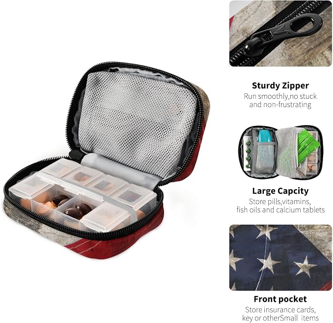 American Flag Star Pill Case, Portable Weekly Pill Box Bag Container 7 Days Pill Organizer Vitamin Supplement Holder with Zipper for Travel Family Business