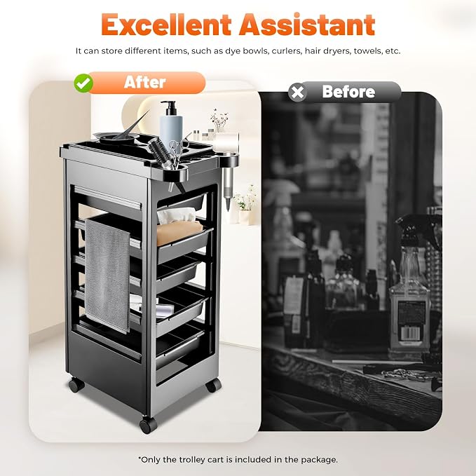 Hair Styling Salon Trolley Cart, Cart Rolling Organizer Mobile Barber Station with 5 Drawers and Dryer Holder for Hair Salons Pet Shops Beauty Salons
