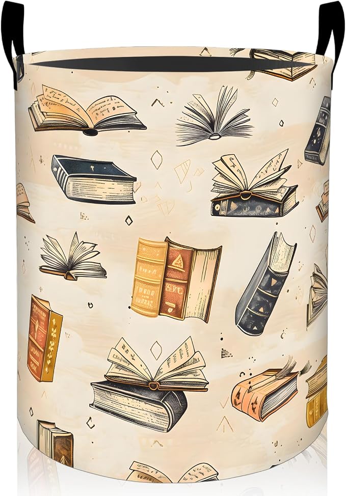 Vintage Book Laundry Basket, Literary Reading Oxford Cloth Dirty Clothes Collapsible Hamper for Room Decor, Book Lover Gifts, Toy Organizer 19.7 x 15.7 Inches for Bedroom Bathroom Dorm
