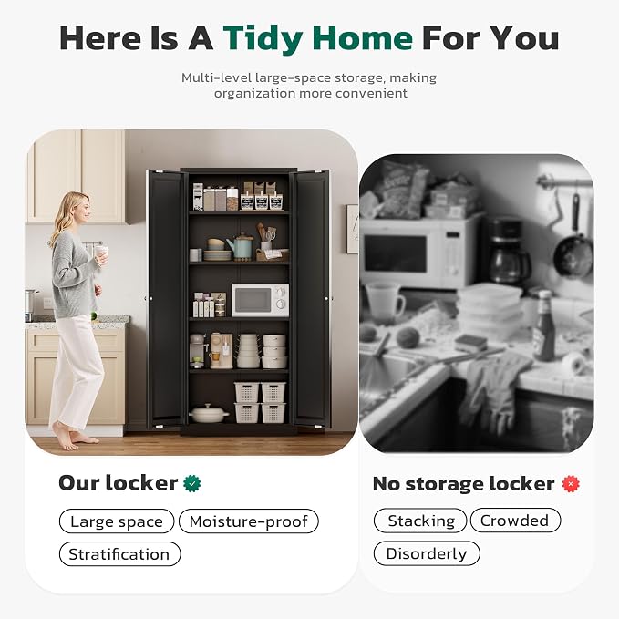 Greenvelly Metal Storage Cabinet, 63" H Black Metal Storage Cabinet with Doors and 4 Shelves, Lockable Steel Cabinets for Living Room, Office, School (Black - Modern)