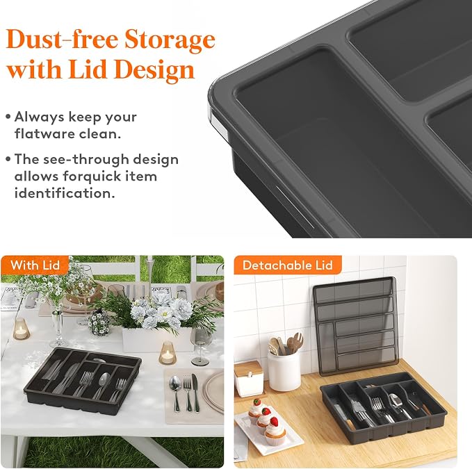 Lifewit Silverware Organizer with Lid, Covered Utensil Tray, 12.6x11.8 | Plastic Cutlery Storage Box for Kitchen Drawer and Countertop, Flatware Case Holder for Spoons Forks Knives, Black