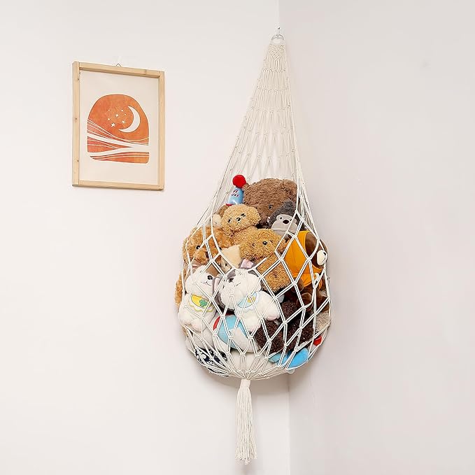 Amdermi Novel Stuffed Animal Hammock Corner Hanging Net for Stuff Aniaml Storage Macrame Toy Display Plush Toy Holder-Perfect for The Tiny Space Walls (cream, XXL)