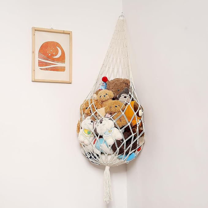 Amdermi Stuffed Animal Storage Organizers Toy Hammock Corner Hanging Net Stuffy Animal Hammock Macrame Toy Display Plush Toy Holder Wall, Kid Bedroom Decor Boho Nursery Playroom Organizer (Cream XL)