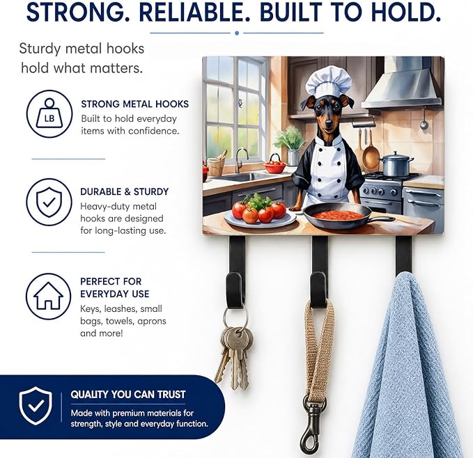 Caroline's Treasures Manchester Terrier The Chef Leash or Key Holder Wall Hooks, Key Hooks Holder, Coat Rack Wall Mount, Coat Hooks, Hooks for Hanging Keys, Towels, Aprons, Leashes | Manchester Terrier The Chef artwork on ceramic tile with three steel ...