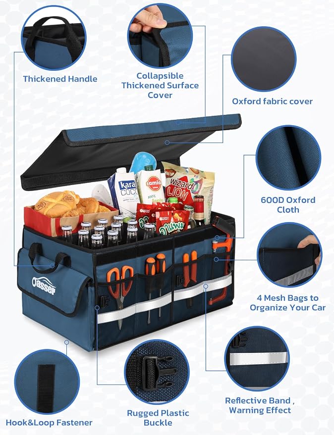 Oasser Car Trunk Organizer Collapsible Multi Compartments Trunk Organizer for SUV with Foldable Cover Reflective Strip | 4 Mesh Pockets, 600D, Non-Slip Bottom, Reflective Strip, 35kg Load, for SUV Saloon Estate Daily Storage, Shop & Family Trip