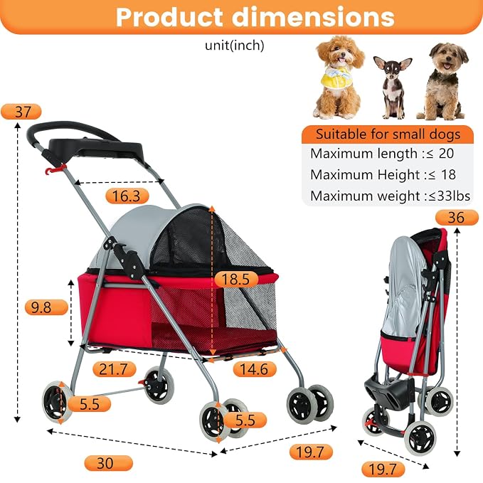 BestPet Foldable Pet Stroller for Small/Medium Dogs and Cats Up to 33 lbs | 4-Wheel Stroller Pet Strolling Cart w/ Breathable Mesh, Lockable Rear Wheels, Cup Holder/Tray & Storage Box, Red