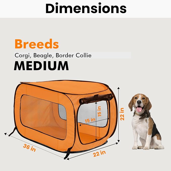 Portable Collapsible Pop Up Kennel, 36" L x 22" W x 22" H, Orange | Collapsible indoor/outdoor travel cat and dog crate with mesh screen windows pops up and folds flat for easy storage