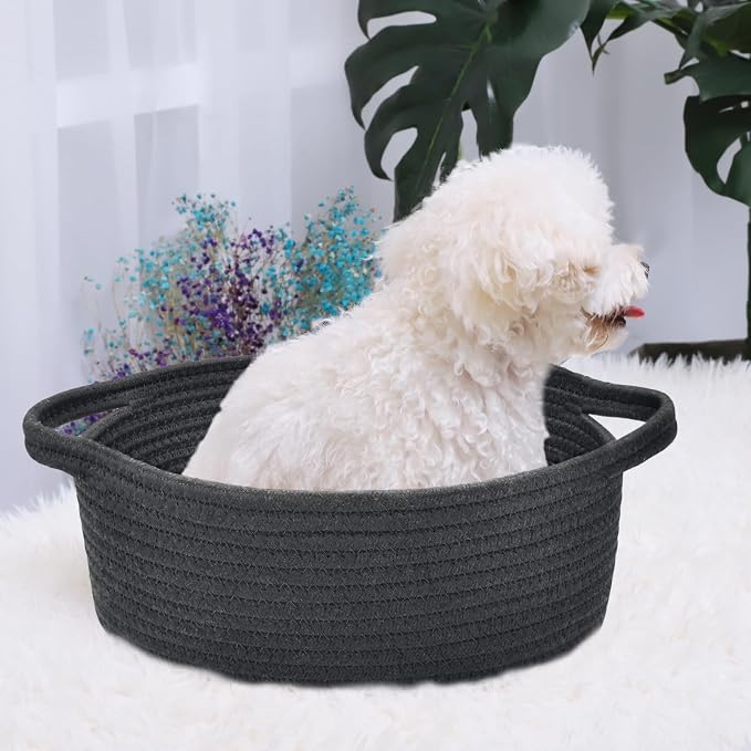 ABenkle Small Basket with Handles, Boho Decorative Rope Woven Dog Cat Toy Storage Bin Shelf Storage Organizer, Easter Christmas Gift Basket, 12"x8"x5", Black