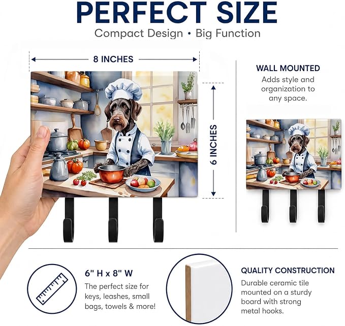 Caroline's Treasures German Wirehaired Pointer The Chef Leash or Key Holder Wall Hooks, Key Hooks Holder, Coat Rack Wall Mount, Coat Hooks, Hooks for Hanging Keys, Towels, Aprons, Leashes | German Wirehaired Pointer The Chef artwork on ceramic tile wit...