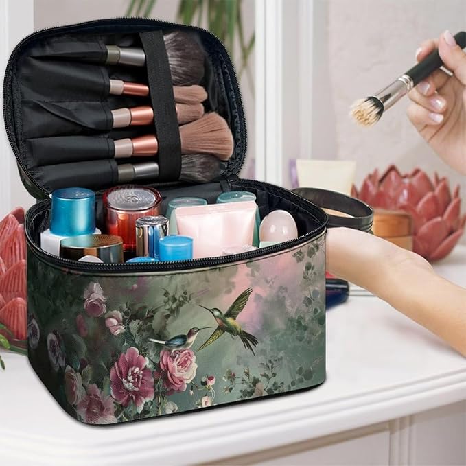 Hummingbird Make Up Bags for Women Portable Lightweight Floral Cosmetic Bag with Handle Womens Travel Makeup Bag for Vacation Daily Party