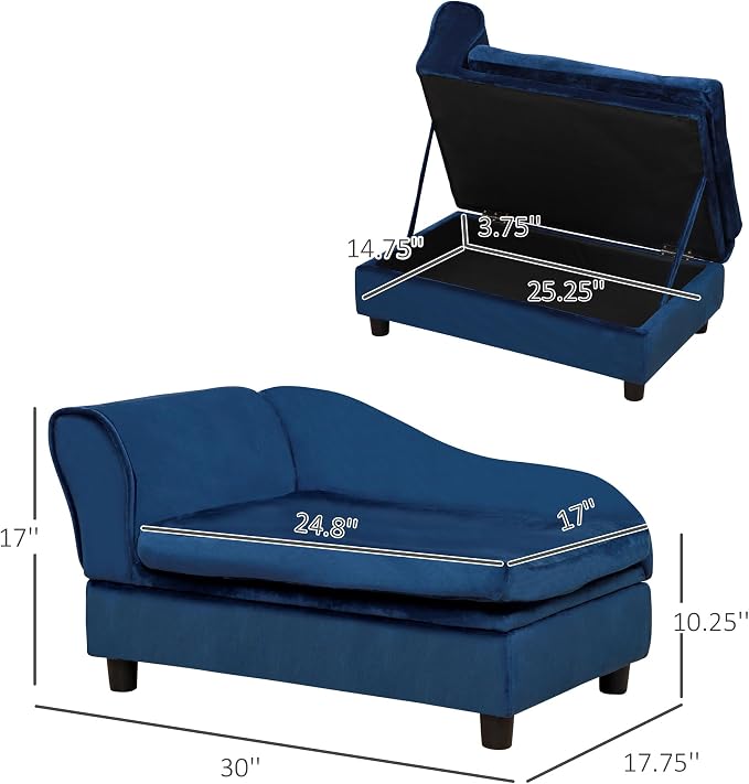 PawHut Luxury Fancy Dog Couch with Hidden Storage, Small Dog Sofa Bed with 2" Soft Foam, Modern Pet Furniture for Puppies & Little Breeds, Blue | Small Dog Sofa Bed with 2" Soft Foam, Modern Pet Furniture for Little Breeds