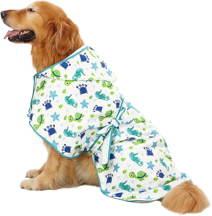 HDE Dog Bathrobe Super Absorbent Quick Drying Puppy Towel Wrap Coat Adjustable After Bath Robes with Hood for Dog Sizes S-XXL Sea Animals XXL