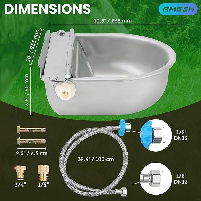 Automatic Animal Drinking Water Bowl, 304 Stainless Steel Waterer with Float Valves, 39" Pipe Hose (1/2" Ends), 1/2" to 3/4" Adapter, Livestock Water Trough Dispenser for Dog Horse Goat Pig Cow