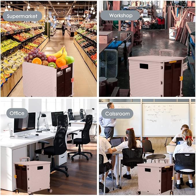 Foldable Utility Cart Portable Collapsible Crate Rolling Carts with Wheels Rolling Tote Basket Teacher Cart with Lid Wear-Resistant 360°Rotate Wheel Noiseless for Shopping Storage Office Use