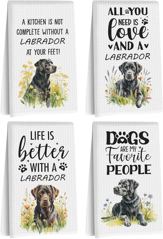 4Pcs Black Labrador Retriever Dog Kitchen Towels, Labrador Retriever Gifts for Women Mom, Reusable Dish Towels for Kitchen Bathroom Decor, Waffle Weave Absorbent Hand Cloth Tea Towel, Dog Gifts