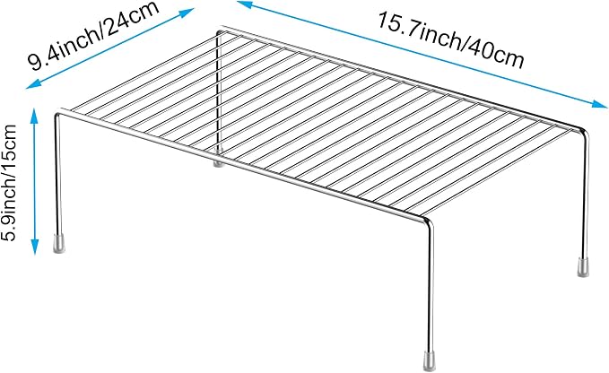 Kitchen Cabinet Storage Shelf Rack, Set of 2 Large (15.7 x 9.4 Inch) Rustproof Metal Wire Shelves Spice Shelf Rack Cupboard Organizer for Pantries Countertops Utensils Organization, Chrome