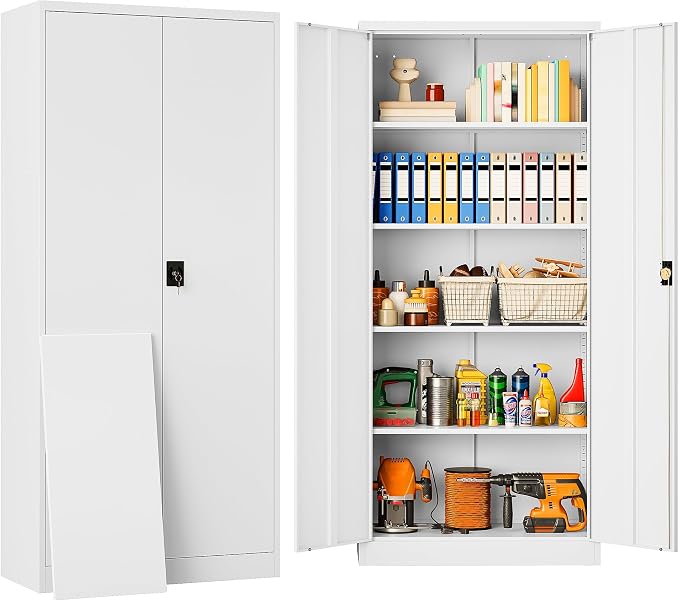 White Metal Storage Cabinet with Adjustable Shelves,71" Tall Metal Cabinet with Locking Doors,Steel Cabinet with Lock,Lockable Storage Cabinets for Home,Office,Kitchen,Laundry,Pantry