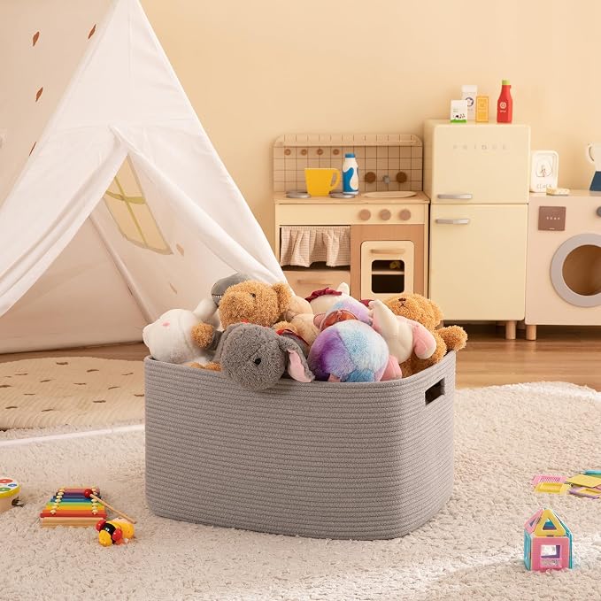 OIAHOMY XXLarge Rectangle Blanket Basket-96L, Cotton Woven Basket for Storage, Dirty Clothes Basket for Living Room, Nursery, Bedroom, Toy Organizing with Handle, 24" x 16" x 15", Grey