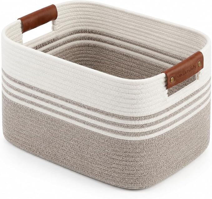 Cotton Rope Laundry Basket Medium, 15.4GAL Collapsible Woven Storage Baskets for Living Room Kids Toys Stuffed Animal,Boho Rectangular Decorative Short Hamper for Dirty Clothes, Blankets White Brown