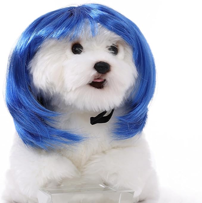 Cute Dog Wig for Small Dogs & Cat, Funny Pet Wigs Headband with Elastic Bands, 7 Inch Adjustable Dog Cat Costume Accessory for Halloween, Christmas & Cosplay (Blue)