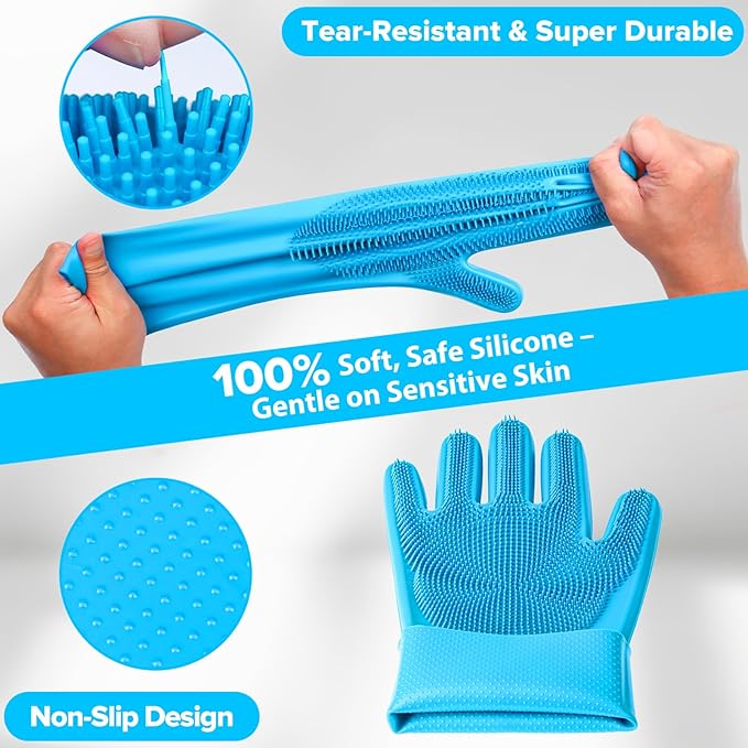 Augwind 6PCS Pet Grooming Kit for Dogs, Cats and Horses | Dog Washing Gloves | Cleanroom Gloves | Dog Bath Brush | Dog Bath Gloves | Dog Shampoo Brush | Dog Bath Supplies (Light Blue)