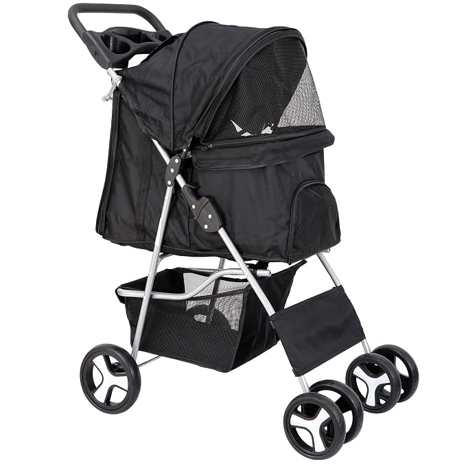 Pet Stroller for Medium Small Dogs - Easy to Walk Folding Travel Carrier Strolling Cart with Cup Holder, Weather Cover and Storage Basket'