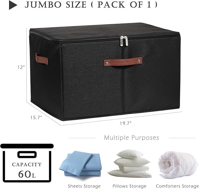 Storage Bins with Zipper Lids Decorative Lidded Baskets Boxes | Clothes Container, Closet Shelf Organizer, Foldable Washable, Cotton Linen Fabric, w/ PU Leather Handles, Black, Jumbo