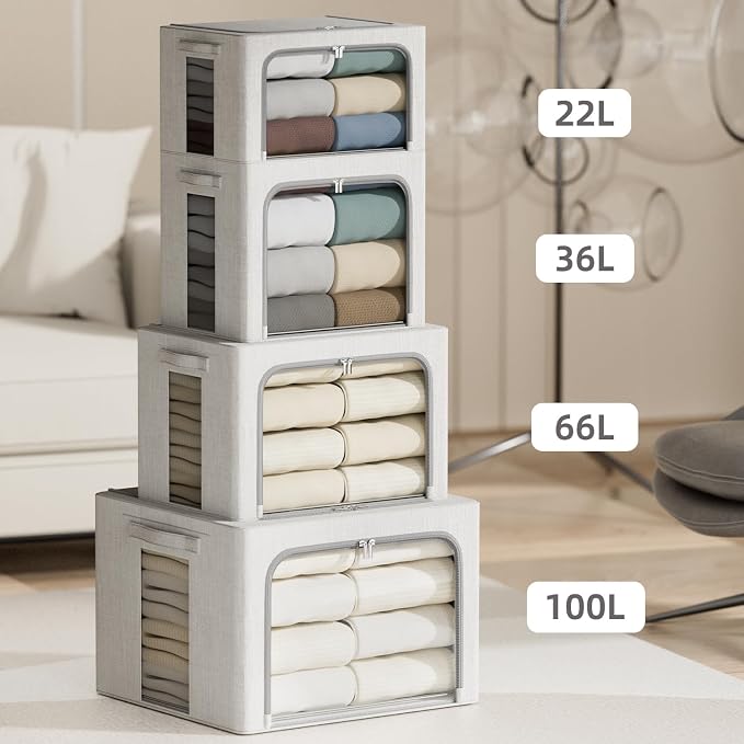 4 Pack Clothes Storage Bins with Metal Frame - 100L Stackable Storage Box with Lid，Foldable Storage Container Organizer for Clothes，Linen Fabric Storage Box with Clear Window＆Zippers＆Handles
