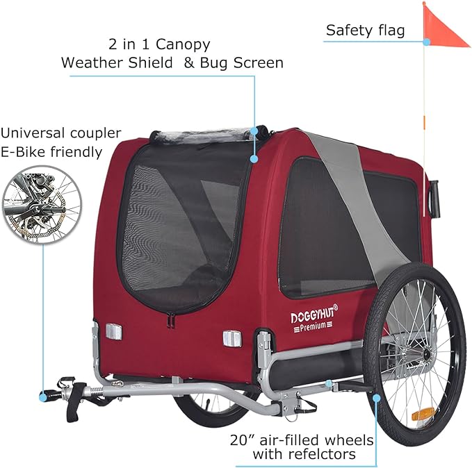 DOGGYHUT® Premium Large Pet Bike Trailer & Stroller Up to 77 lbs (Red) | Bicycle Trailer for Small Medium or Large Dogs, Dog Bicycle Carrier, Low Center of Gravity, Folding Frame Cart