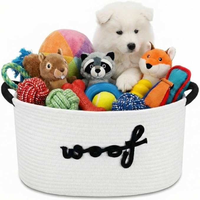 Dog woven Toy Basket 14.6 x 10.6 x 8.7 Inch Woof Pet Baskets Storage Bin Box with Durable Handles, Woven Pet Basket Puppy Bins for Organizing Toys Dog Blankets and Accessories(Woof)