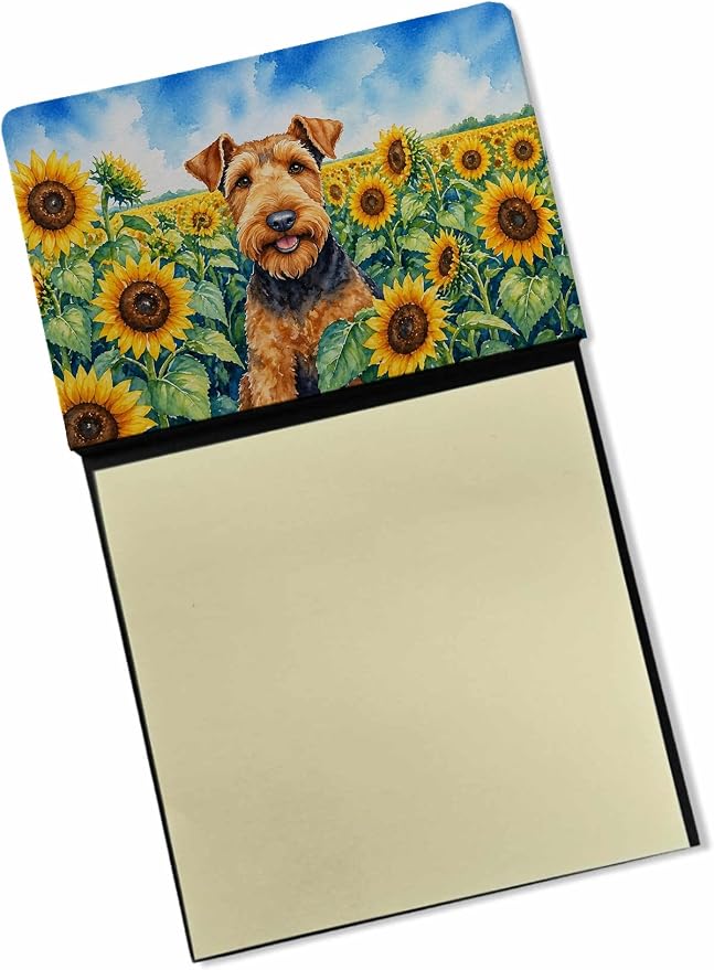 Caroline's Treasures Airedale Terrier in Sunflowers Watercolor Sticky Note Holder Refillable Dispenser Desk Accessory 3x3 Pad Gift