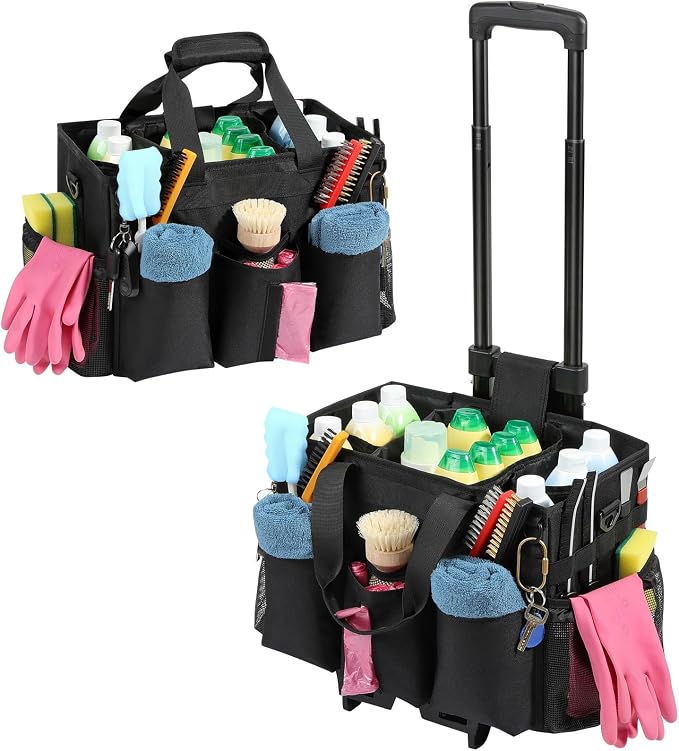 Housolution Rolling Cleaning Caddy Bag with Wheels, Black | Detachable Trolley, High Bearing & Waterproof, Multifunctional Using