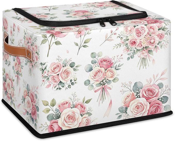 Pink Floral Flower Storage Baskets - Home Decorative Bins Collapsible Cubes with Zipper Lid, Rose Box with Handles for Living Room Bedroom Nursery Shelf Closet Office Kitchen, 24L