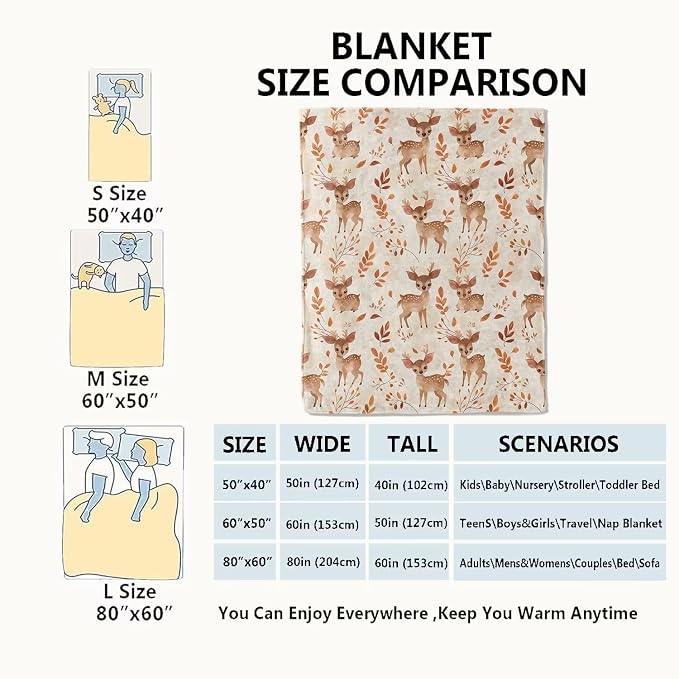 Whimsical Deer Blanket Cute Fawn and Autumn Leaves Throw Blankets Gifts for Kids Girls Lightweight Soft Fleece Cozy for Sofa Couch Bed Room Travel Birthday Decor 50x60in