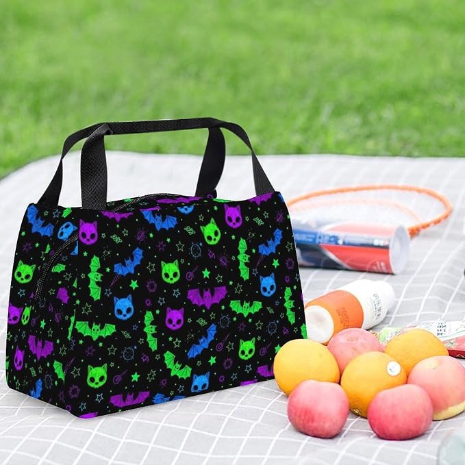 Insulated Lunch Cooler Bag with Handle, Neon Witch Bats | Leakproof Snack Tote, Cute Food Storage Bag, for Drinks Fruits Meals, Portable and Reusable