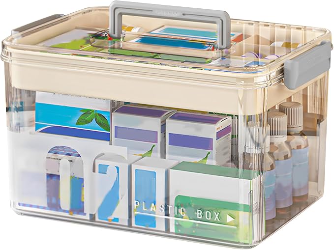Medicine Organizer Storage Box with Handle, Plastic First Aid Box Empty, Thickened Medicine Container Chest, Multipurpose Medical Case with Lids(transparent color)