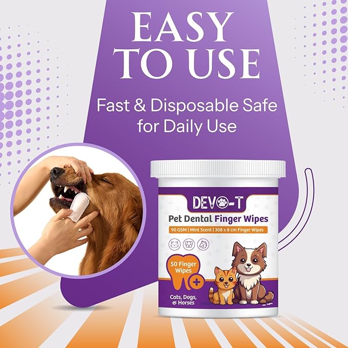 DEVO-T 100% Natural Dog Teeth Cleaning Wipes Mint Scented | 100 Count | Pet Teeth Cleaning Finger Wipes for Dogs, Cats & Horses | Remove Bad Breath, Plaque & Tartar Buildup | Dog Dental Wipes Finger