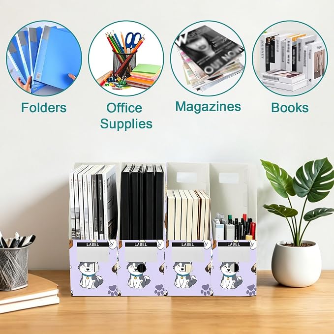 SPRIPORT Cute Pets Dogs Purple Print Water Resistant PP Magazine File Holder Organizer for Desk, Foldable Storage Rack for Office School Library Document Sorter with Labels 23x30x10cm (3 Pack)
