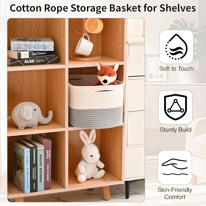 ICERZCZ Woven Cotton Rope Storage Basket for Organizing, Cute Decorative Baskets for Gifts Empty, Organizer Bins for Dog Toy, Baby Laundry, 15“×11”×9.5“, Off White & Grey