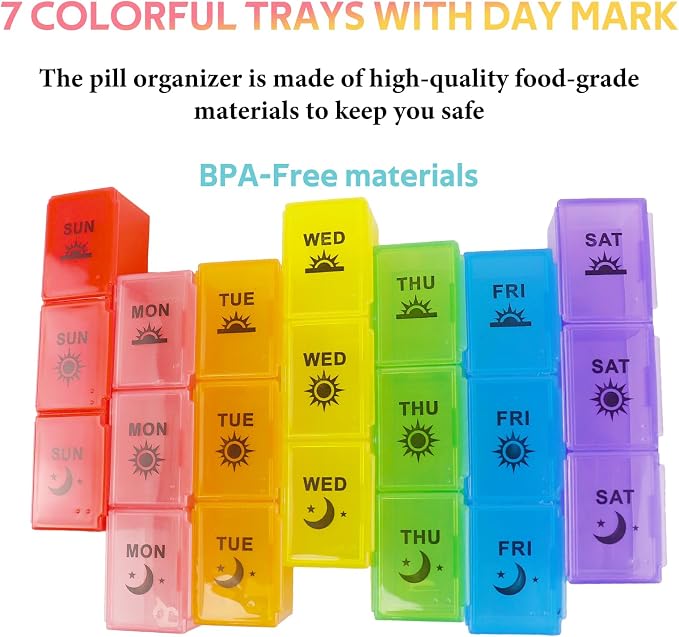 4PC Weekly Pill Organizer 3 Times a Day, 7-Day Moisture-Proof Pill Box with 21 Compartments, Portable Travel Container for Vitamins Fish Oil Compartments Supplements(Black)