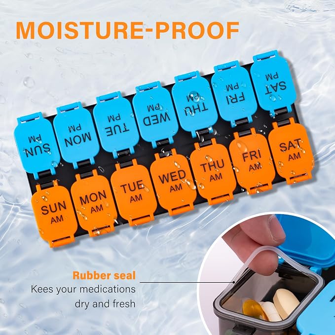 Yaklim Extra Large Weekly Pill Organizer, Detachable 7 Day AM PM Pill Box | XXL 14 Detachable AM PM Compartments；For Big Vitamins & Supplements； Easy to Open & Fill； Waterproof Seals； Easy Readability