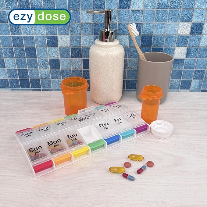 Ezy Dose Weekly (7-Day) AM/PM Pill Organizer, X-Large Medicine Box, Rainbow | Daily Vitamin & Supplement Case, 2 Times a Day Push Button Compartments, Arthritis-Friendly, Travel-Friendly, BPA-Free