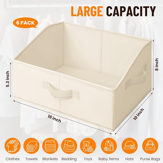 Closet Organizers Bins 6 Pack - Large Closet Shelf Organizer with Handles - Fabric Trapezoid Home Organization and Storage Baskets for Organizing Clothes Toy Blanket Towel Purse Hats