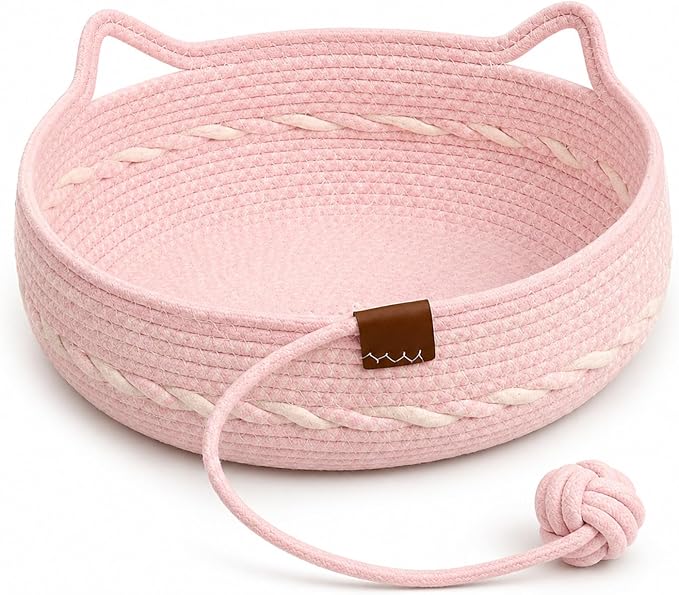 Cat Basket Bed with Cushion and Hanging Ball Toy, Handwoven Cotton Rope Cat Bed Basket, Boho Nesting Pet Bed for Kittens Puppies Scratchable Woven Cat Nest Lounger Sleeping & Playing，F：Large